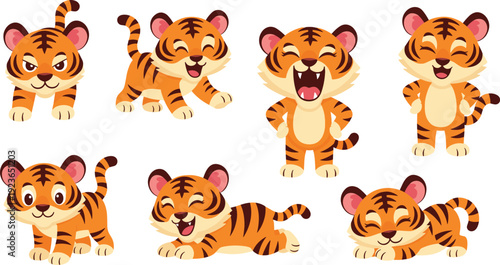 Cute Baby Tiger Cartoon Character Poses Collection with Crawling Standing Sleeping and Roaring Funny Animal Flat Vector Illustration Set Police Stop