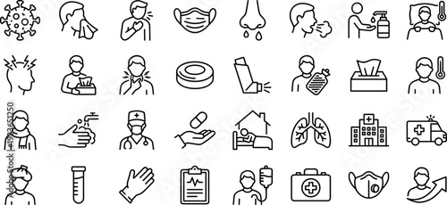 Medical line icon set featuring cold and flu symptoms, virus, face mask, medicine, hospital, doctor, healthcare symbols, and illness prevention.