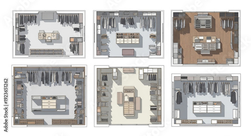 Detailed architectural floor plans of various walk-in closet designs for home organization.