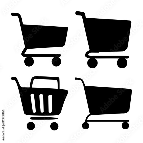 Diverse collection of black silhouette shopping cart icons for e-commerce and retail design