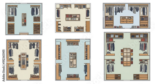 Top-down view of various walk-in closet designs with different layouts and storage options.