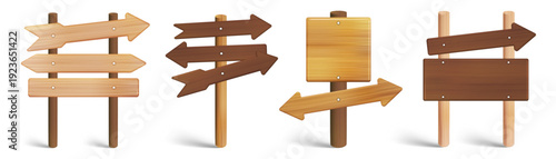 Wooden arrow signposts collection, realistic timber directional signs set for game navigation, rustic road pointers on white