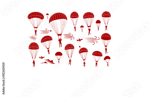 Parachute Airborne Vector Set - Black Silhouette Illustrations, Military Drop Graphics, Parachute , Sky Descent Design Elements