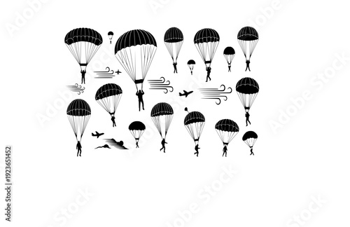Parachute Airborne Vector Set - Black Silhouette Illustrations, Military Drop Graphics, Parachute , Sky Descent Design Elements