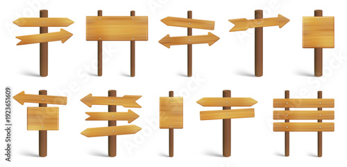 Set of 10 light pine wood signs, modular timber pointers and rectangular billboards for eco-friendly UI design on white