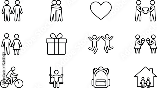 Set of childhood friendship and family lifestyle line icons featuring kids playing together, giving gifts, riding bikes, and home life.