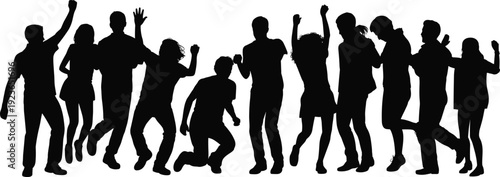 Group celebration silhouettes, dancing people, joyful crowd, excitement poses, collective happiness, festive illustration, dynamic movement, cheering figures, party energy, unity