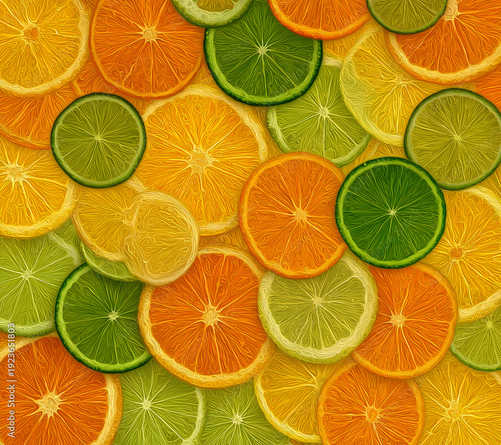 Obraz premium Vibrant orange and green citrus slices in artistic pattern