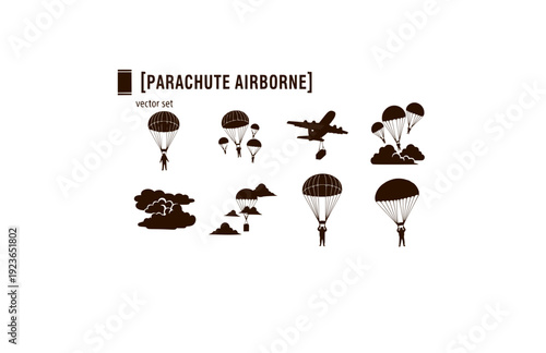 Parachute Airborne Vector Set - Black Silhouette Illustrations, Military Drop Graphics, Parachute Icons, Sky Descent Design Elements