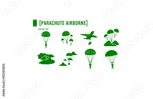 Parachute Airborne Vector Set - Black Silhouette Illustrations, Military Drop Graphics, Parachute Icons, Sky Descent Design Elements