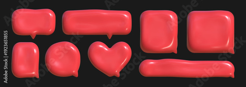 Red glossy 3D speech bubble set, volumetric plastic chat clouds and social media notification icons on black background