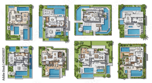 Architectural plans of luxury villas with swimming pools and gardens.