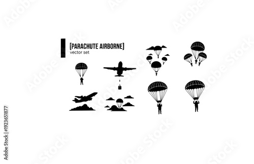 Parachute Airborne Vector Set - Black Silhouette Illustrations, Military Drop Graphics, Parachute Icons, Sky Descent Design Elements