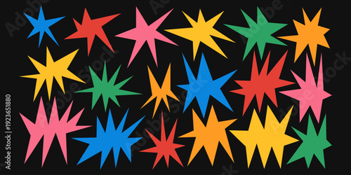 Sharp star bursts with irregular edges create dynamic starburst shapes perfect for abstract vector designs, bold graphics, and eye-catching geometric patterns with spiky points.