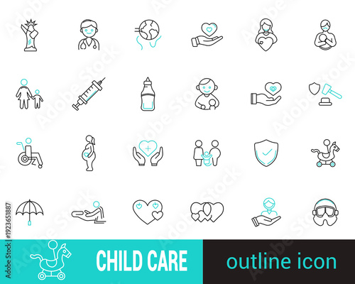 24 Child Care Outline Icons - Pediatric Healthcare, Parenting and Newborn Support Symbols