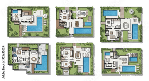 Architectural renderings of luxury homes with swimming pools and landscaping details.