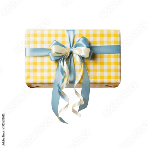 A yellow gift box with a blue ribbon and bow