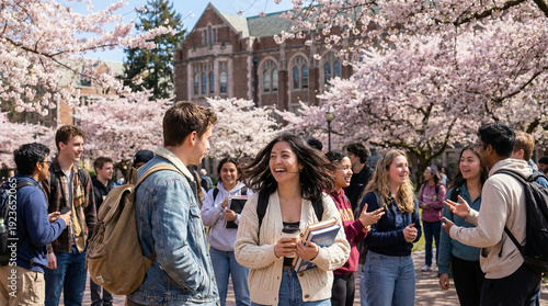 Group of diverse college students laughing and talking under cherry blossoms  