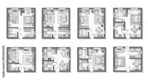 Detailed architectural floor plans showcasing various residential apartment layouts and designs.