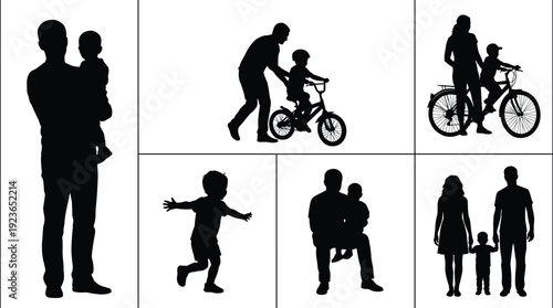 Set of family silhouettes featuring father holding baby, child learning bicycle, mother with bike, running toddler, and happy parents walking.