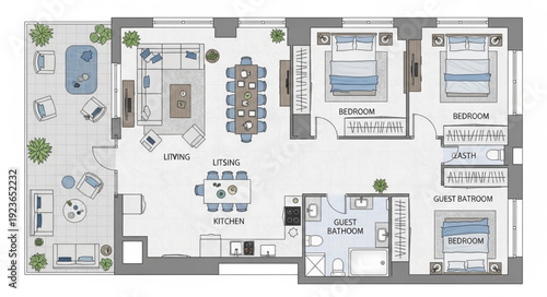 Luxury apartment floor plan with multiple bedrooms and a terrace.