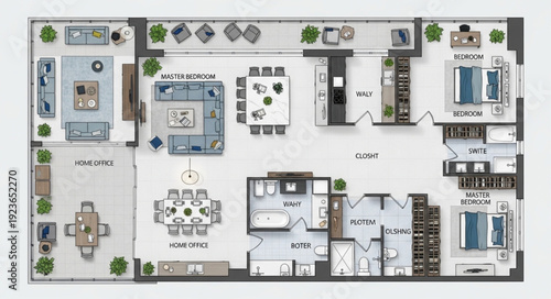 Detailed architectural floor plan showcasing a modern luxury apartment layout with multiple rooms and features.
