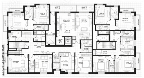 Architectural blueprint of a multi-unit residential building floor plan design.