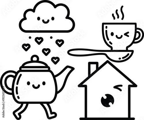 Teapot character walking near a house with a smiling cloud and coffee cup icon. Surreal and playful fun