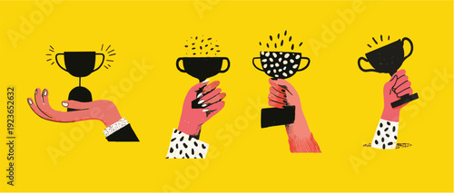 Hand drawn sketch of a hand raising a winners trophy for success and achievement concepts