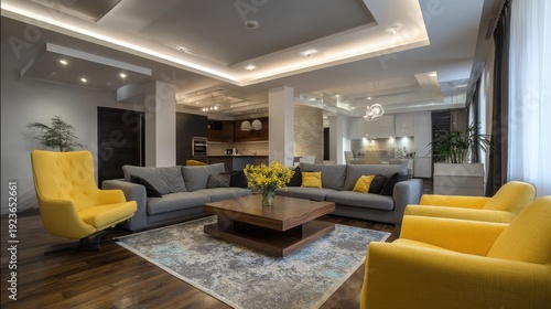 Modern and Stylish Living Room with Bright Yellow Accents and Natural Light in a Contemporary Interior Design Setting