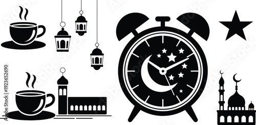 Islamic culture silhouettes, Ramadan lanterns, mosque illustration, crescent moon clock, prayer time, tea cups, star icon, spiritual design elements