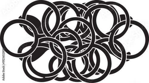 Black and white illustration of interconnected rings and circles