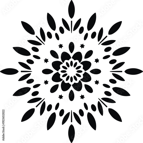 Mandala floral geometric radial pattern design, black white decorative symmetry vector illustration, meditation art cultural symbol silhouette outline representation