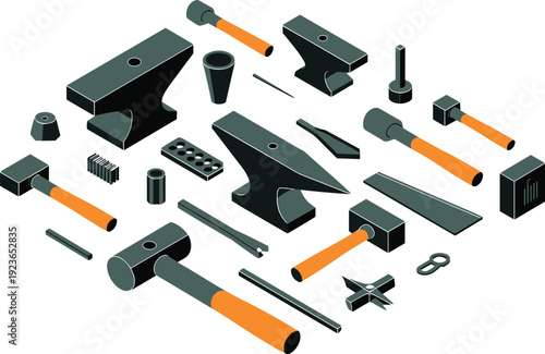 Isometric blacksmith forging tools set, anvils, hammers and metalworking equipment flat vector workshop illustration isolated