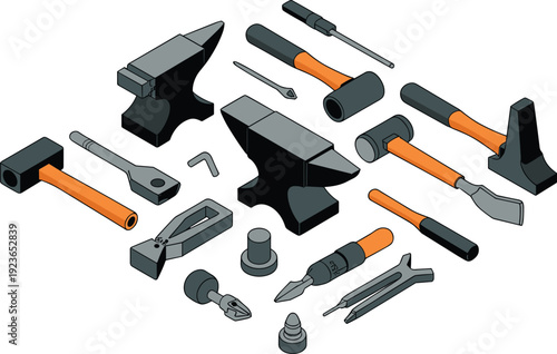 Isometric blacksmith tools set, anvil, hammers, chisels and metalworking equipment flat vector illustration isolated on white