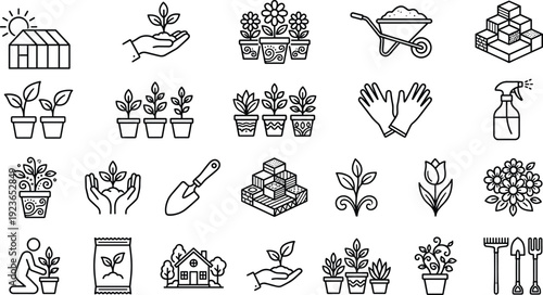 Set of gardening and plant care line icons featuring greenhouse, potted plants, flowers, wheelbarrow, hand tools, seeds, and gardening gloves.