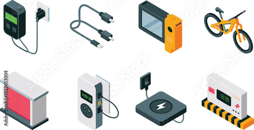 Isometric electricity and technology icons set, charger cable power outlet battery device Isometric electric technology icons set, charger cable power outlet battery device bicycle