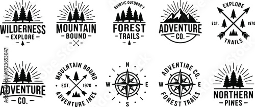 Outdoor adventure mountain forest compass logo icons, wilderness exploration rustic travel branding vector illustration, nature hiking silhouette design representation