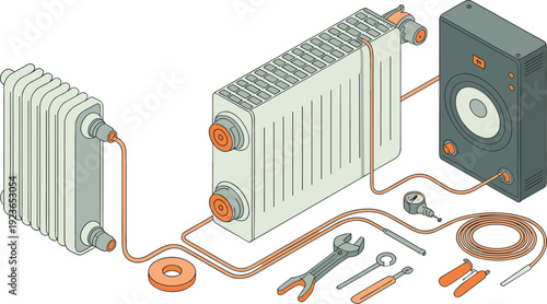 Isometric home heating system illustration, radiators, pipes, tools and boiler setup flat vector technical equipment concept