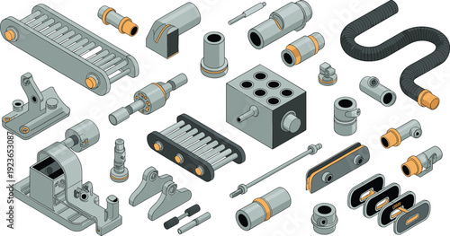 Isometric industrial machinery parts set, detailed vector illustration of conveyor components, mechanical connectors and engineering equipment
