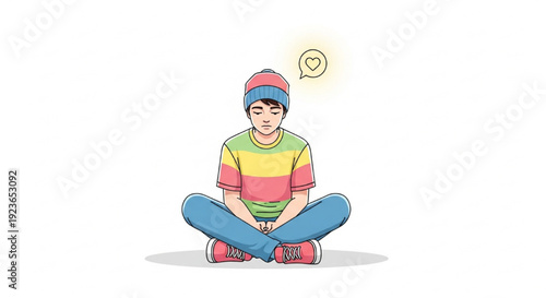 Minimalist Teen Meditation Vector Illustration with Glowing Heart Thought Bubble, Soft Pastel Flat Design