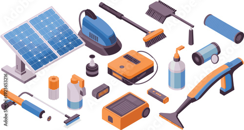Isometric solar cleaning equipment illustration, solar panel vacuum washer brushes battery and eco maintenance tools set
