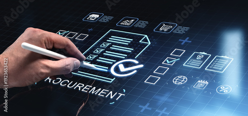 Fotografija Digital procurement process concept with checklist icons, stylus interaction, and futuristic interface on digital screen in modern business environment
