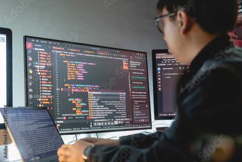 Obraz w ramie Programmer writing code, and develop software, websites, or applications using programming languages JavaScript, and C++ to test and debug to ensure the system functions efficiently.