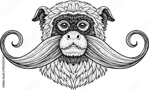 A whimsical illustration of a monkey with a majestic mustache on a white background