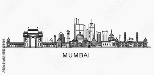 Mumbai City Skyline Detailed Line Art Illustration Taj Mahal Minarets Domes Gateways Indian Architecture Outline Vector