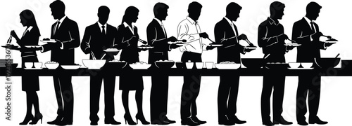 Business people buffet silhouettes serving food in line, corporate men and women dining together at catering event isolated on white background