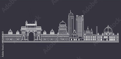 Mumbai City Skyline Detailed Line Art Illustration Taj Mahal Minarets Domes Gateways Indian Architecture Outline Vector