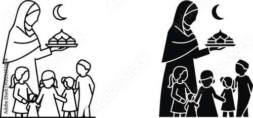 Ramadan family children woman tray crescent moon icons, Islamic culture celebration vector illustration, Eid Mubarak silhouette design black white representation