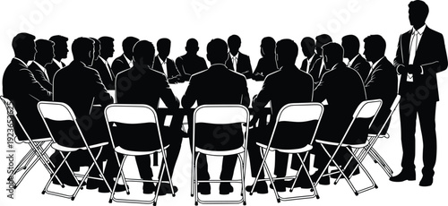Business meeting silhouettes around conference table, professional team discussion with leader standing, corporate strategy and teamwork illustration isolated on white background